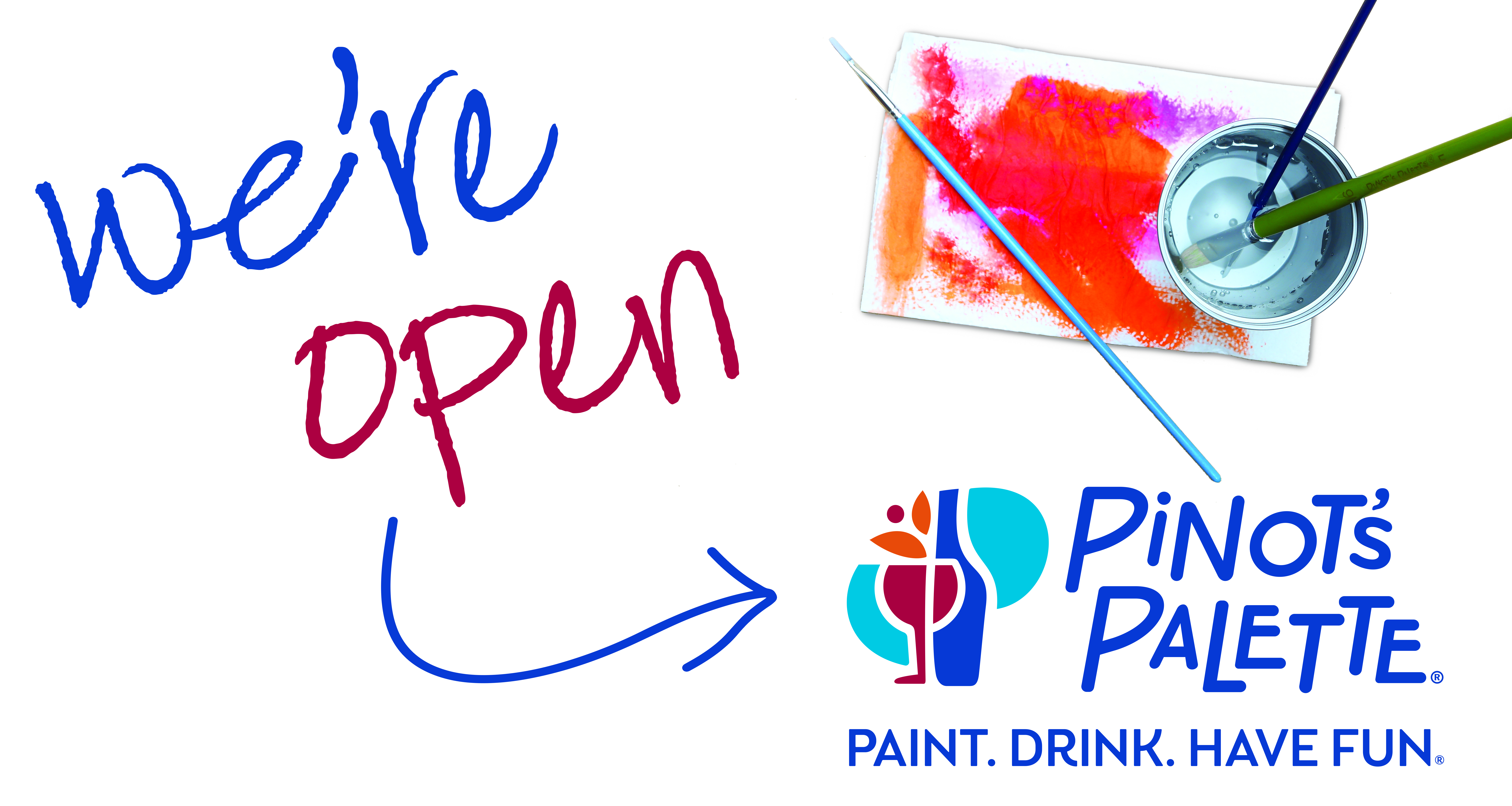 Pinot's Palette in is open.  Paint and Sip, Virtual Classes and Take Home Paint Kits